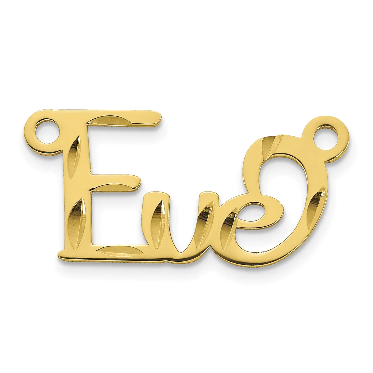 A gold-colored metal pendant charm shaped like the word "Evie" with small loops at each end for attachment.