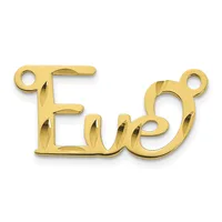 A gold-colored metal pendant charm shaped like the word "Evie" with small loops at each end for attachment.