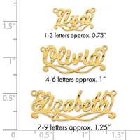 Three gold-colored nameplate pendants of increasing size displayed against a measurement ruler, showing dimensions for 1-3, 4-6, and 7-9 letter names.