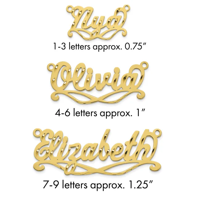 Three gold-colored name pendants with decorative flourishes shown at different sizes, labeled by letter count and approximate width measurements.