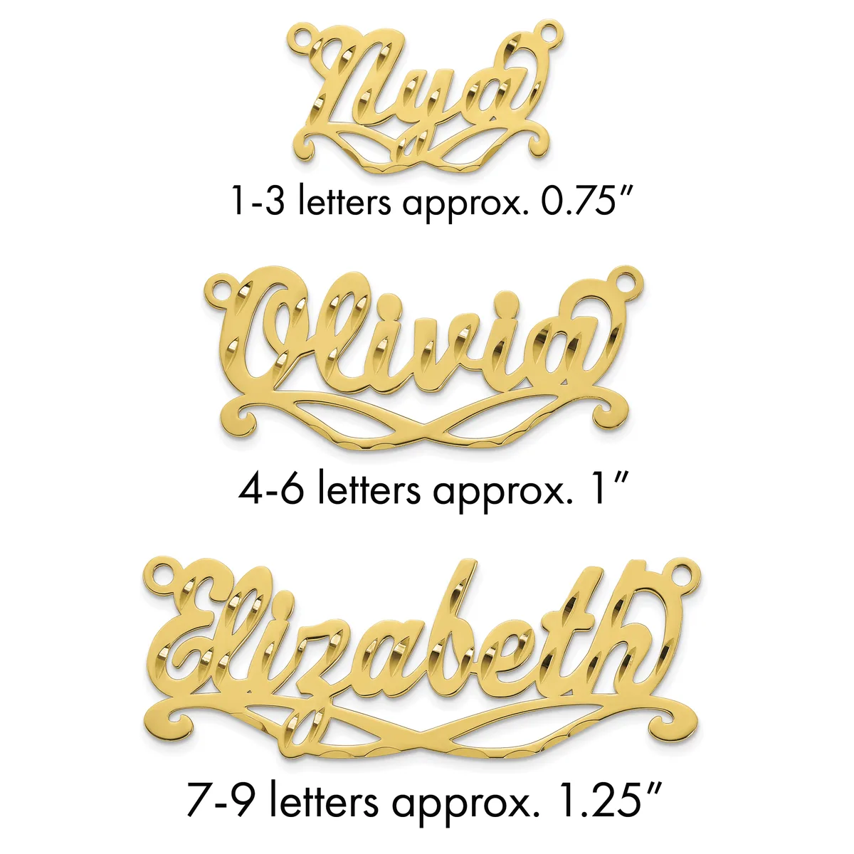 Three gold-colored name pendants with decorative flourishes shown at different sizes, labeled by letter count and approximate width measurements.