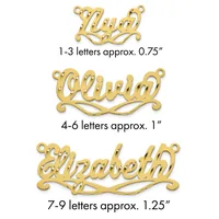 Three gold-colored name pendants with decorative flourishes shown at different sizes, labeled by letter count and approximate width measurements.