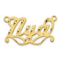 Gold-colored metal nameplate pendant with ornate scrollwork featuring the name "Wyatt" in cursive script with two small loops at the top for attachment.