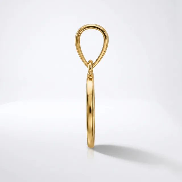 A gold pendant charm in the shape of a teardrop loop with a cylindrical bail, photographed against a white background.