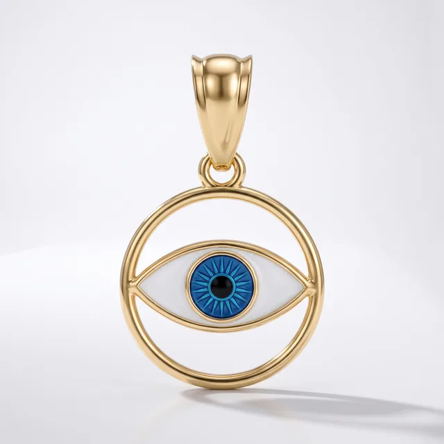 Gold pendant featuring a circular frame with an eye symbol inside, the iris rendered in blue enamel with a black pupil, suspended from a gold bail.