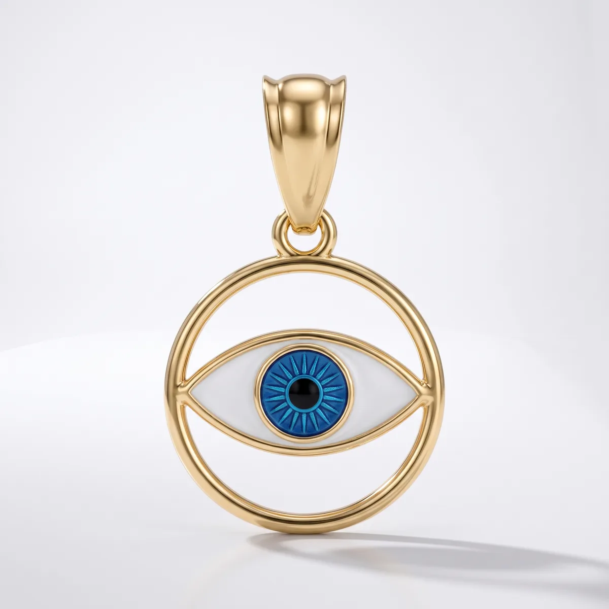 Gold pendant featuring a circular frame with an eye symbol inside, the iris rendered in blue enamel with a black pupil, suspended from a gold bail.