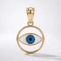Gold pendant featuring a circular frame with an eye symbol inside, the iris rendered in blue enamel with a black pupil, suspended from a gold bail.