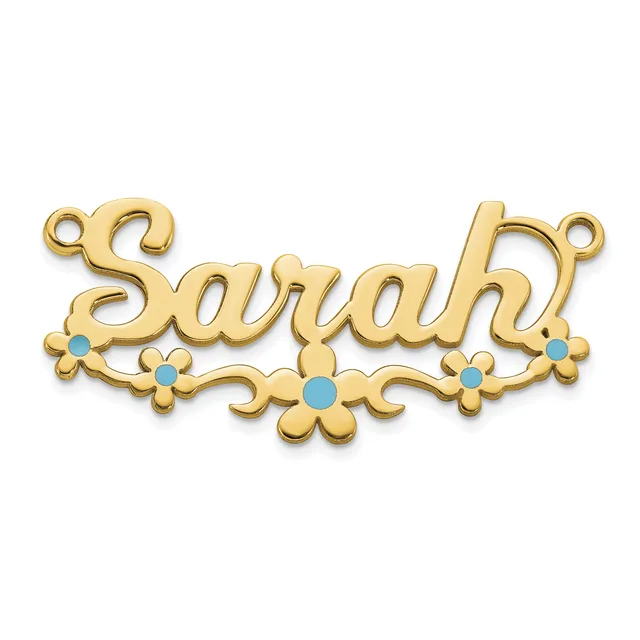 Gold-colored nameplate pendant spelling "Sarah" with decorative scrollwork and turquoise stones, featuring two loops at top for attachment.