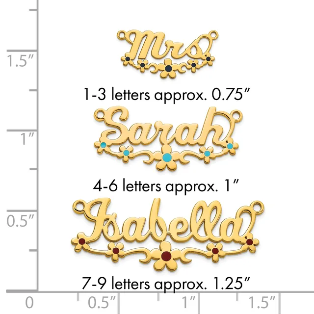 Three gold-tone name pendants with decorative flourishes and gemstone accents, shown at actual size on a measurement scale indicating heights from approximately 0.75 to 1.25 inches.