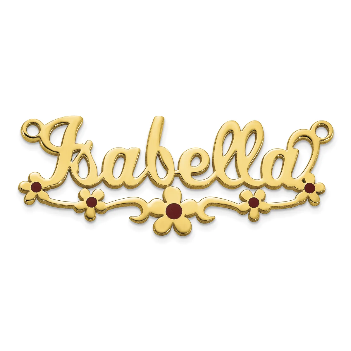 Gold-toned name pendant spelling "Isabella" with decorative flourishes and small red gemstone flowers beneath the lettering.