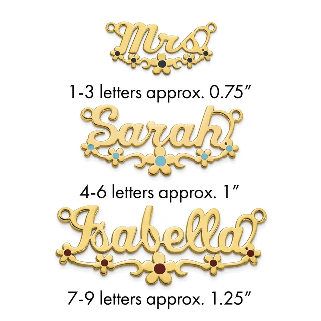Three gold-tone name pendants with decorative flourishes and colored stone accents, shown in increasing sizes for 1-3, 4-6, and 7-9 letter names.