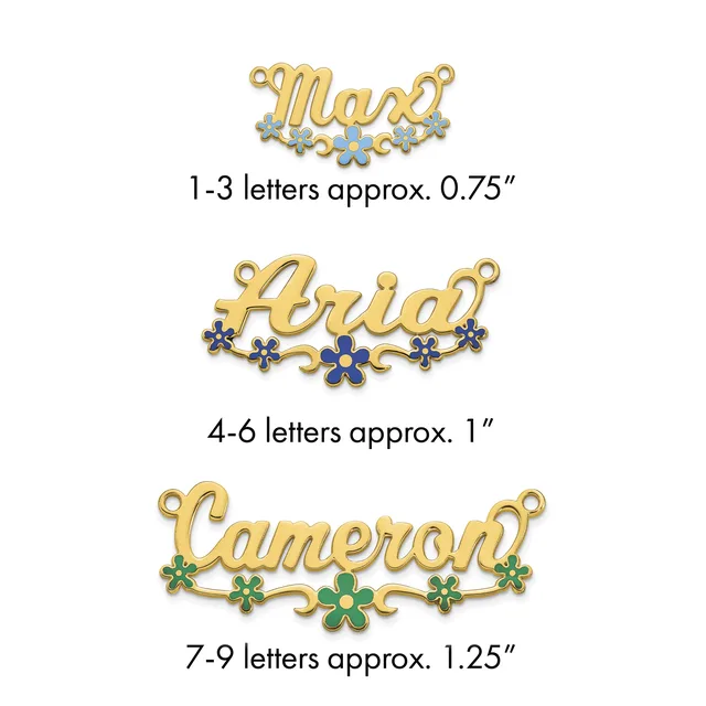 Three gold-tone name pendants with decorative flowers in blue and green enamel, shown in increasing sizes from 0.75 to 1.25 inches.