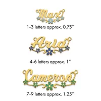 Three gold-tone name pendants with decorative flowers in blue and green enamel, shown in increasing sizes from 0.75 to 1.25 inches.