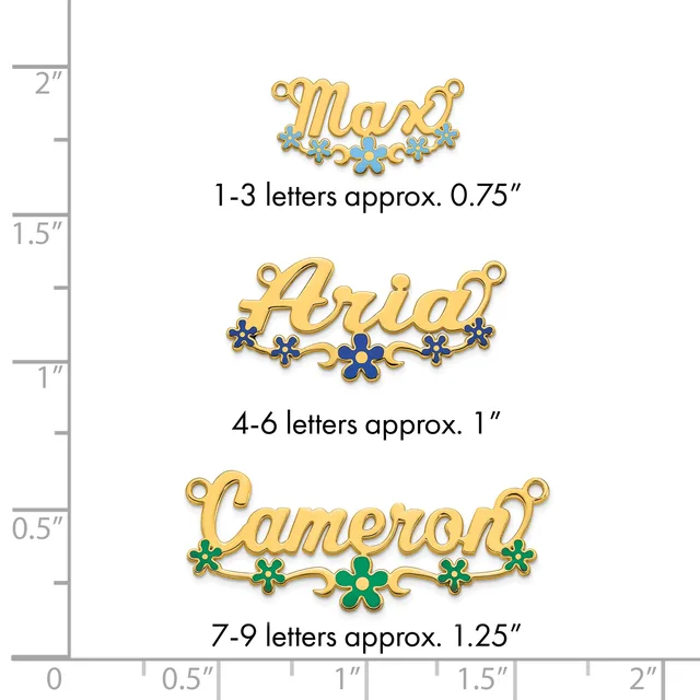Three gold-tone name pendants with decorative flowers shown at actual size against a ruler, ranging from 0.75 to 1.25 inches in height.
