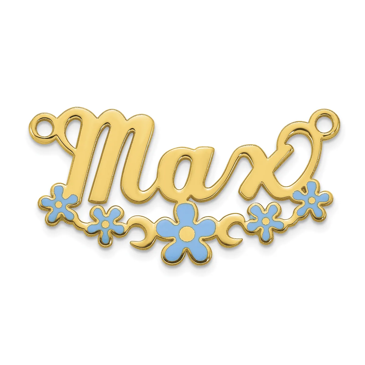 Gold-toned metal charm with the word "mom" in script lettering, decorated with blue enamel flowers along the bottom and small loops at each end for attachment.