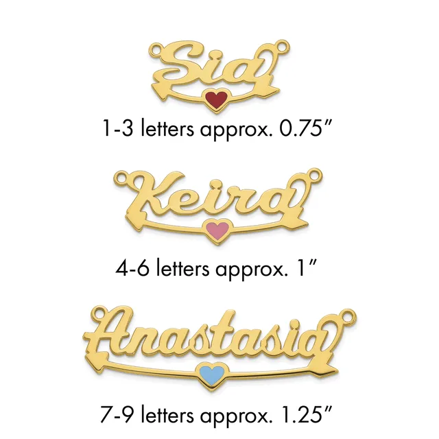 Three gold nameplate pendants with hearts in varying sizes, showing examples for 1-3 letters, 4-6 letters, and 7-9 letters.