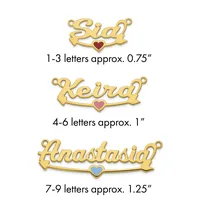 Three gold nameplate pendants with hearts in varying sizes, showing examples for 1-3 letters, 4-6 letters, and 7-9 letters.