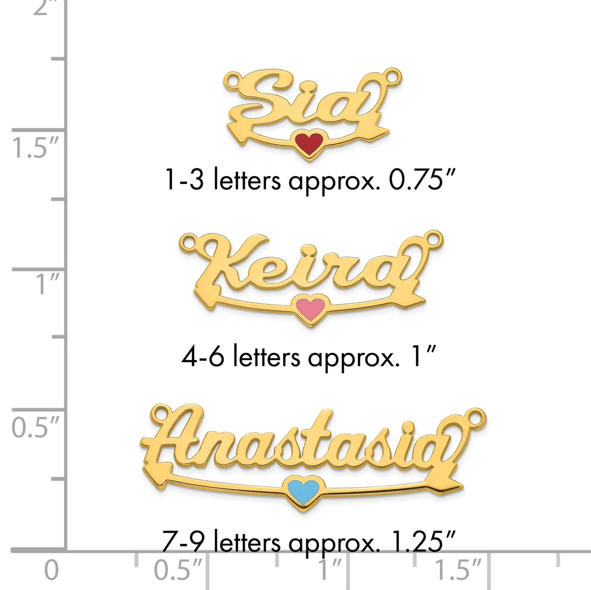 Three gold-colored nameplate pendants with decorative script lettering and colored heart charms, displayed against a measurement ruler showing sizes ranging from 0.75 to 1.25 inches in width.