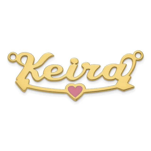 Gold-toned nameplate pendant spelling "Keirdy" with decorative scrolled ends, loops at top corners, and a small pink enameled heart at the center bottom.