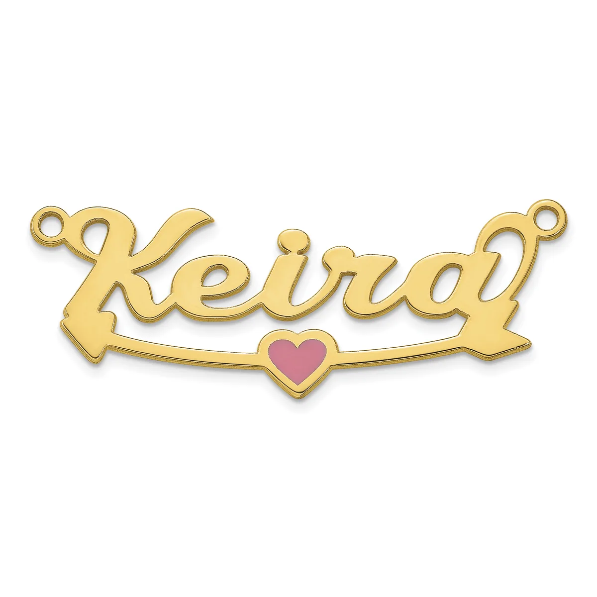 Gold-toned nameplate pendant spelling "Keirdy" with decorative scrolled ends, loops at top corners, and a small pink enameled heart at the center bottom.