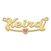 Gold-toned nameplate pendant spelling "Keirdy" with decorative scrolled ends, loops at top corners, and a small pink enameled heart at the center bottom.
