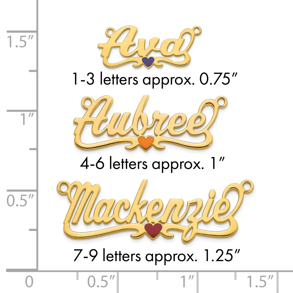 Three gold-colored name pendants with heart charms displayed against a ruler showing sizes ranging from approximately 0.75 to 1.25 inches in height.
