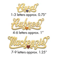 Three gold nameplate pendants with small heart charms, arranged by size: small curved script for 1-3 letters, medium for 4-6 letters, and large for 7-9 letters.