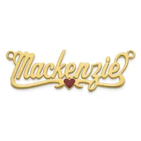 Gold-toned nameplate pendant with the name "Mackenzie" in script lettering and a small red heart accent in the center, with loops at both ends for attachment.