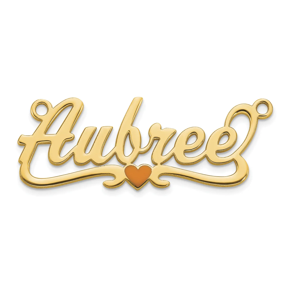 Gold-toned metal pendant with the word "Aubree" in script lettering, featuring a small red enamel heart in the center and two small loops at the top for attachment.