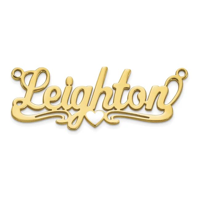 A gold-colored metal nameplate pendant spelling "Leighton" in cursive script with decorative flourishes and small loops at each end for attachment.