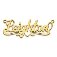 A gold-colored metal nameplate pendant spelling "Leighton" in cursive script with decorative flourishes and small loops at each end for attachment.