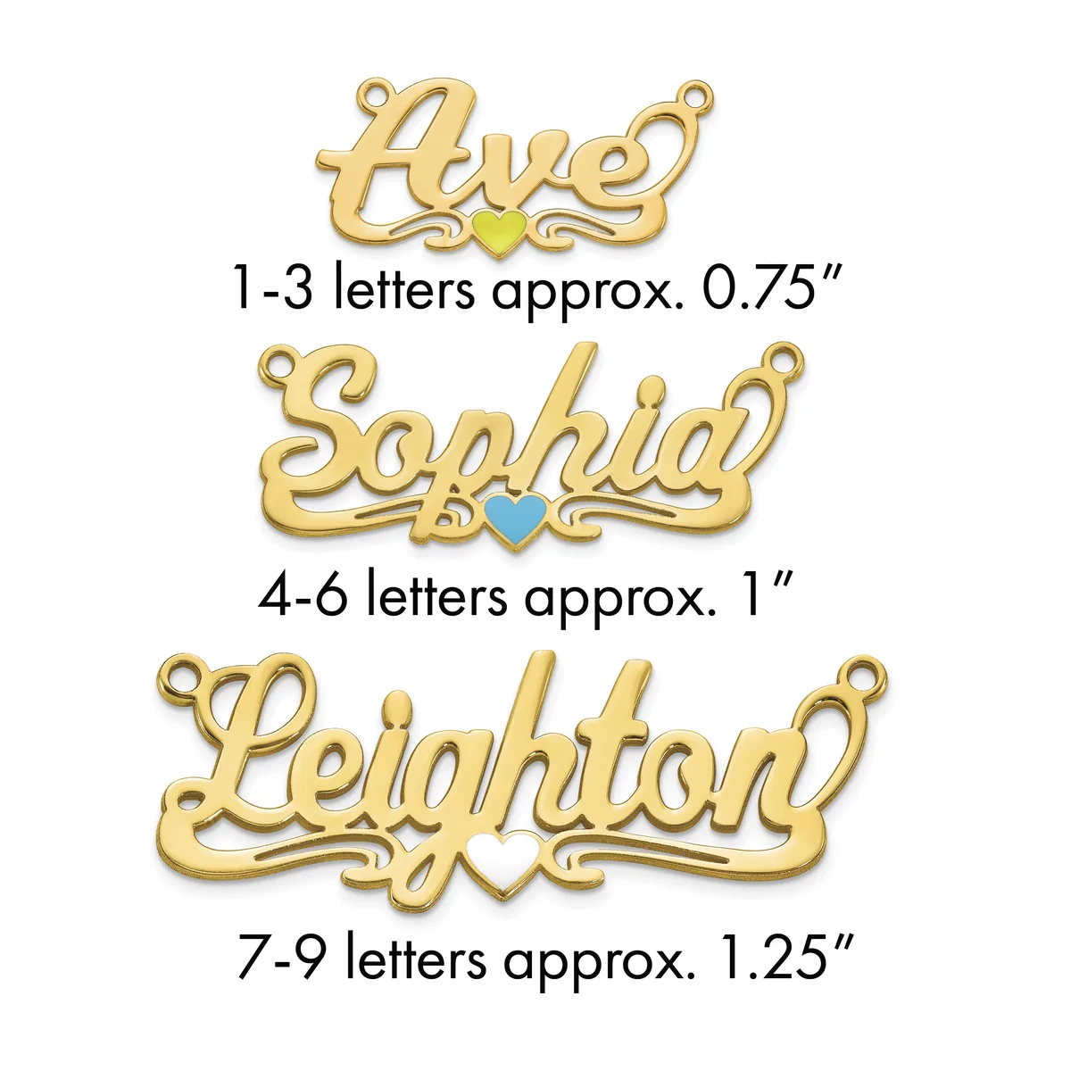 Three gold-colored nameplate pendants in cursive script with decorative flourishes and small colored heart stones, shown in increasing sizes with their approximate dimensions listed below each.