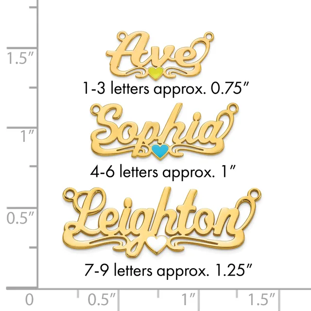 Three gold-colored name pendants with decorative script lettering and small colored hearts, shown at different sizes on a measurement scale.