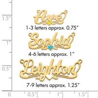 Three gold-colored name pendants with decorative script lettering and small colored hearts, shown at different sizes on a measurement scale.