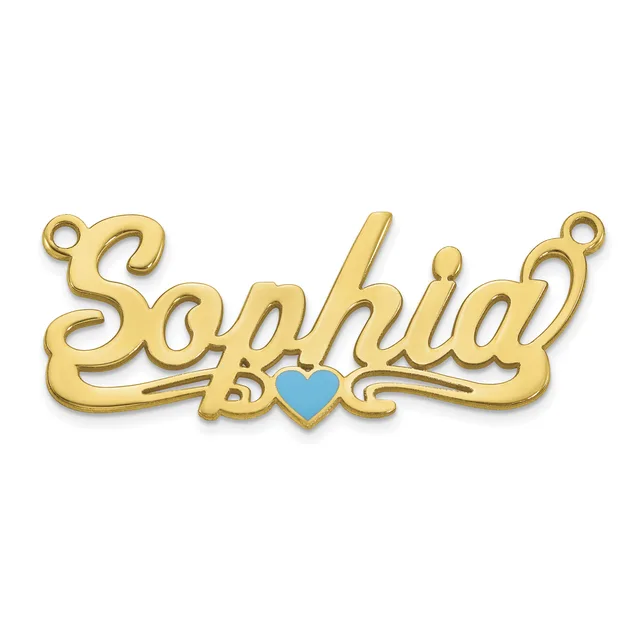 Gold-colored nameplate pendant spelling "Sophia" in cursive script with a small turquoise heart accent in the center and two jump rings at the ends.