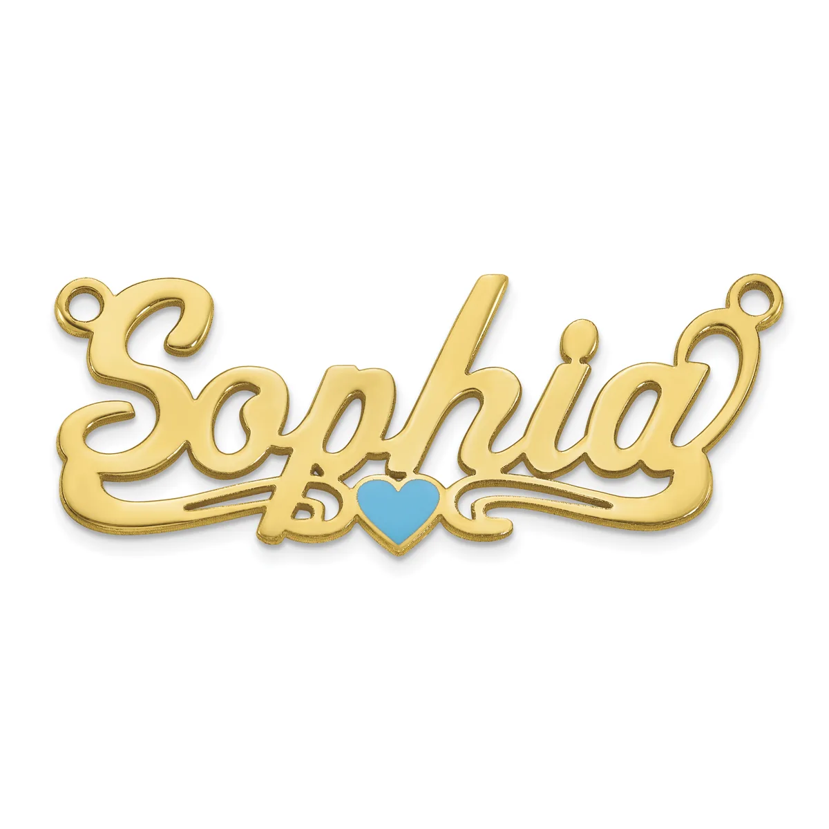 Gold-colored nameplate pendant spelling "Sophia" in cursive script with a small turquoise heart accent in the center and two jump rings at the ends.