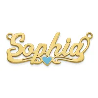 Gold-colored nameplate pendant spelling "Sophia" in cursive script with a small turquoise heart accent in the center and two jump rings at the ends.