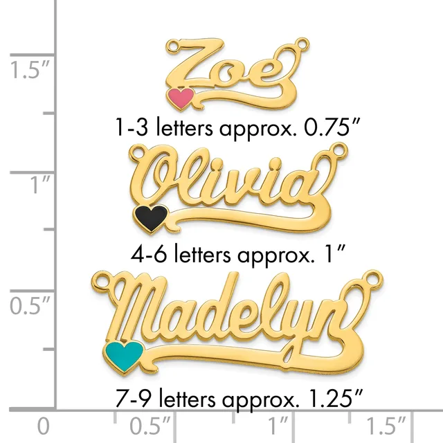 Three gold-toned nameplate pendants with colored enamel hearts, shown next to a ruler indicating sizes from 0.75 to 1.25 inches.