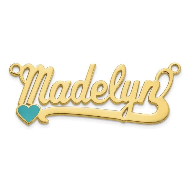 Gold-toned nameplate pendant spelling "Madelyn" in cursive script with a small turquoise heart and two loops for attachment at the ends.