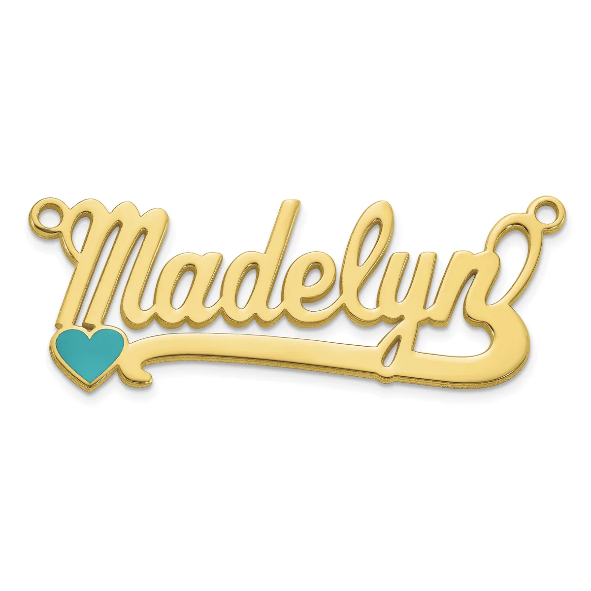 Gold-toned nameplate pendant spelling "Madelyn" in cursive script with a small turquoise heart and two loops for attachment at the ends.