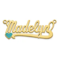 Gold-toned nameplate pendant spelling "Madelyn" in cursive script with a small turquoise heart and two loops for attachment at the ends.