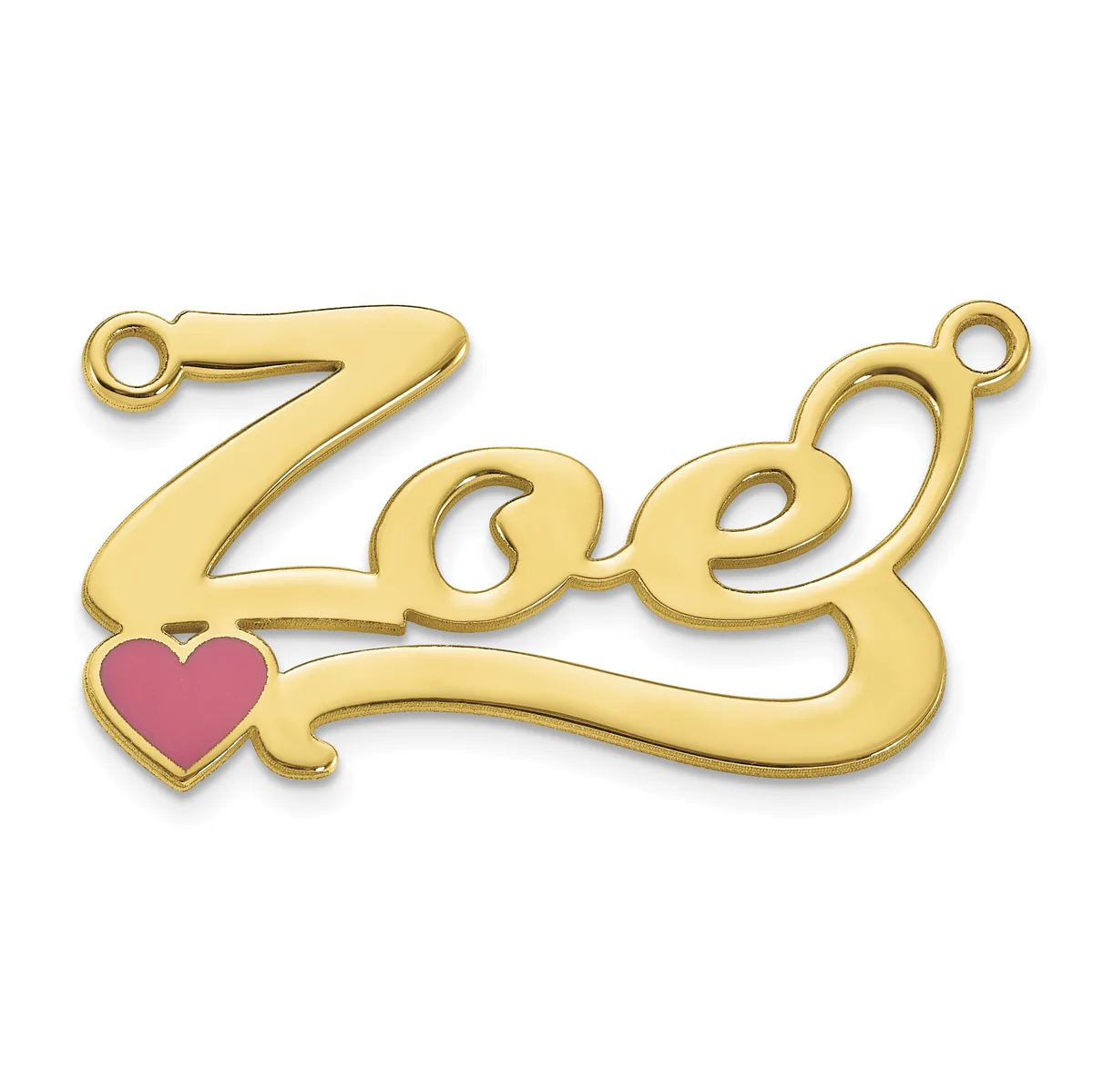 Gold-toned metal pendant with decorative scrollwork spelling "Love" and a small pink enameled heart, with loops at each end for attachment.