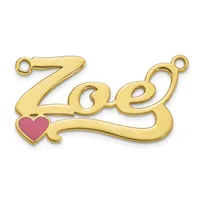 Gold-toned metal pendant with decorative scrollwork spelling "Love" and a small pink enameled heart, with loops at each end for attachment.