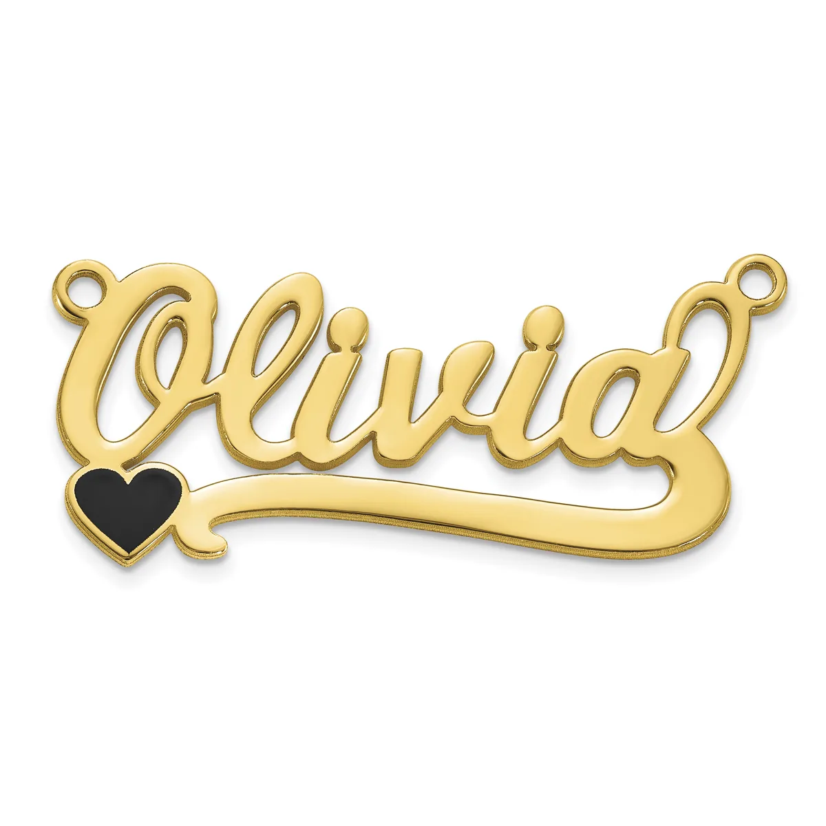 Gold-colored nameplate pendant spelling "Olivia" in cursive script with a small black heart and two loop attachments at the top.