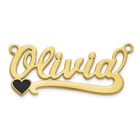 Gold-colored nameplate pendant spelling "Olivia" in cursive script with a small black heart and two loop attachments at the top.