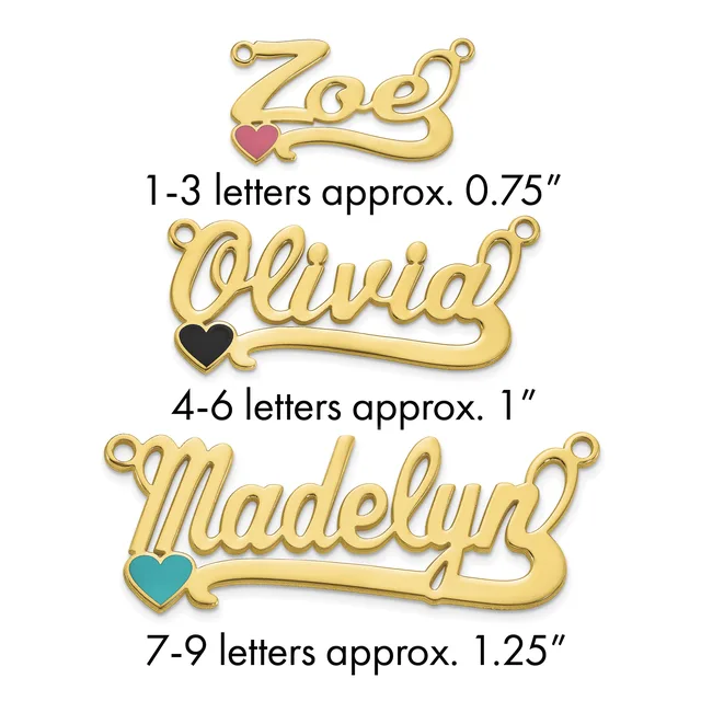 Three gold-tone name pendants with decorative hearts in varying sizes, labeled by letter count and approximate measurements.