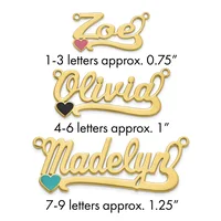 Three gold-tone name pendants with decorative hearts in varying sizes, labeled by letter count and approximate measurements.