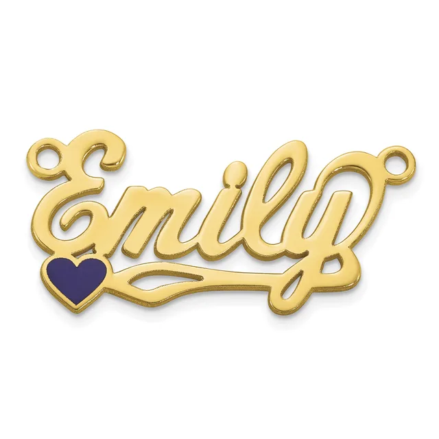 Gold-toned nameplate pendant spelling "Emily" with a small dark blue enamel heart on the left side and two small loops at the top corners for attachment.