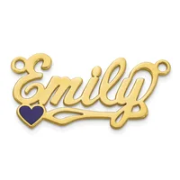 Gold-toned nameplate pendant spelling "Emily" with a small dark blue enamel heart on the left side and two small loops at the top corners for attachment.