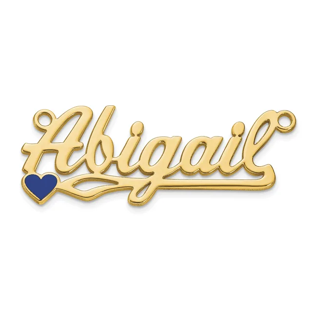Gold-toned metal nameplate pendant with script lettering spelling "Abigail" and a small dark blue heart charm attached to the left side.